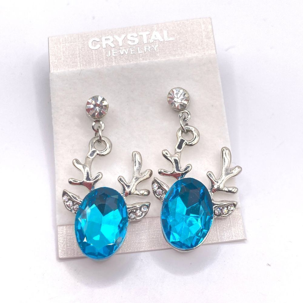 Silver Blue Crystal Deer Dangle Earrings